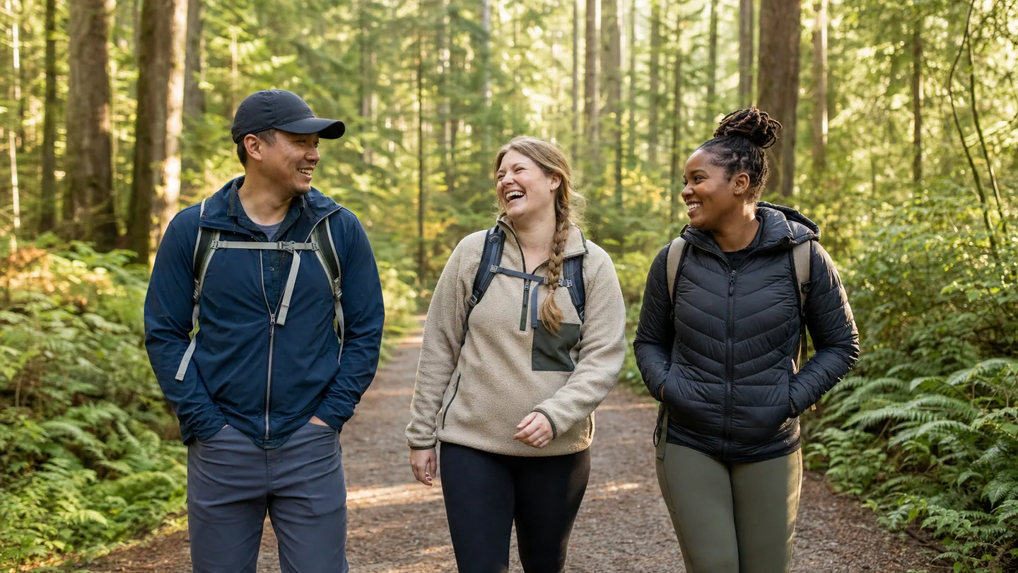 Three hiking friends sharing an easy conversation on a forest trail.