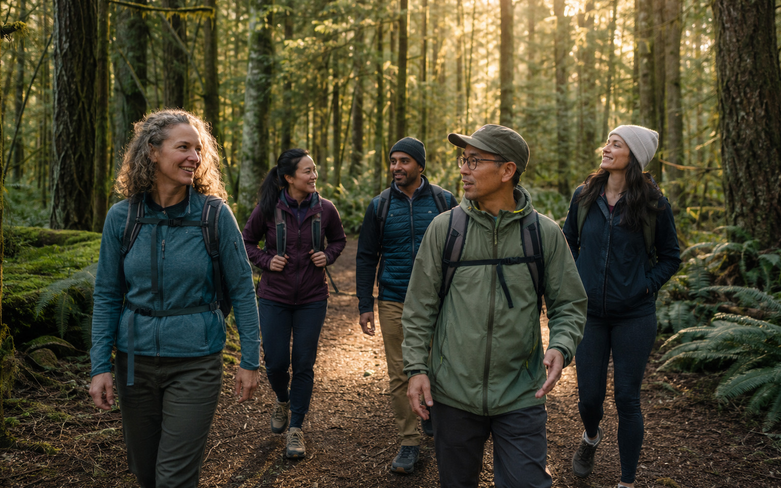 A welcoming group of five adults hiking on a wide forest trail.