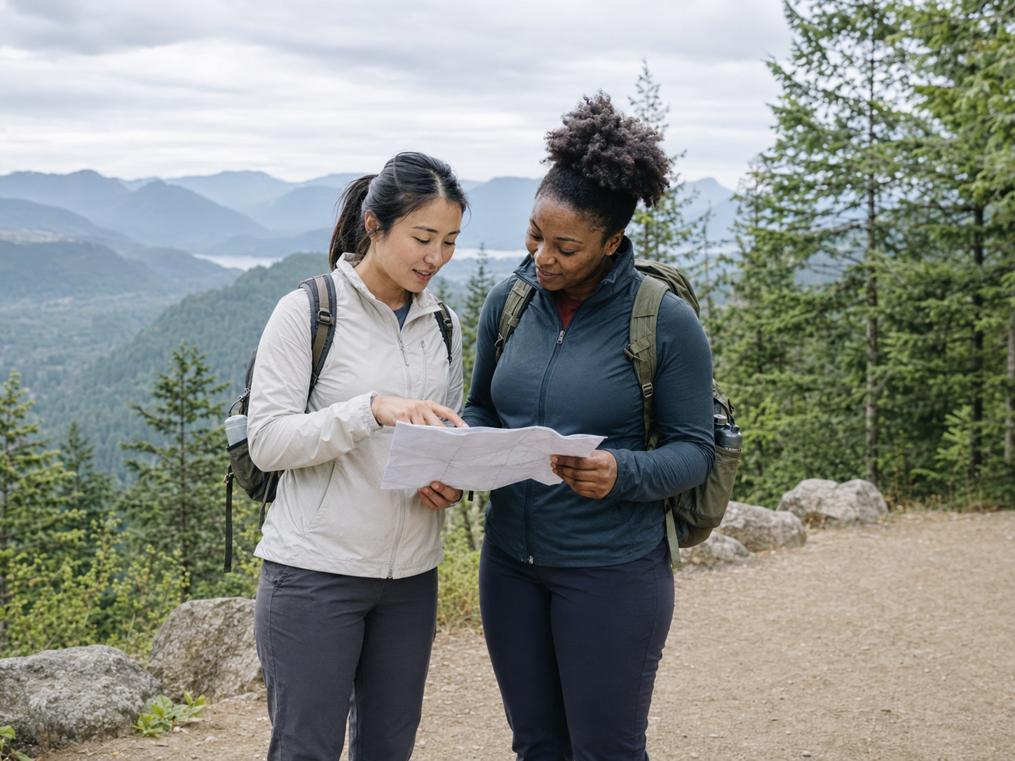 Two hiking friends checking a trail plan together.
